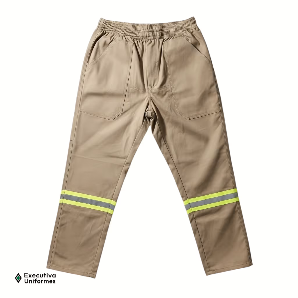 Calça de trabalho em tecido estruturado (brim) na cor bege (cáqui), vista frontal. Possui cós com elástico, costura na braguilha, dois bolsos frontais aplicados e duas faixas refletivas horizontais nas cores amarelo neon e prata contornando a região abaixo dos joelhos em ambas as pernas.