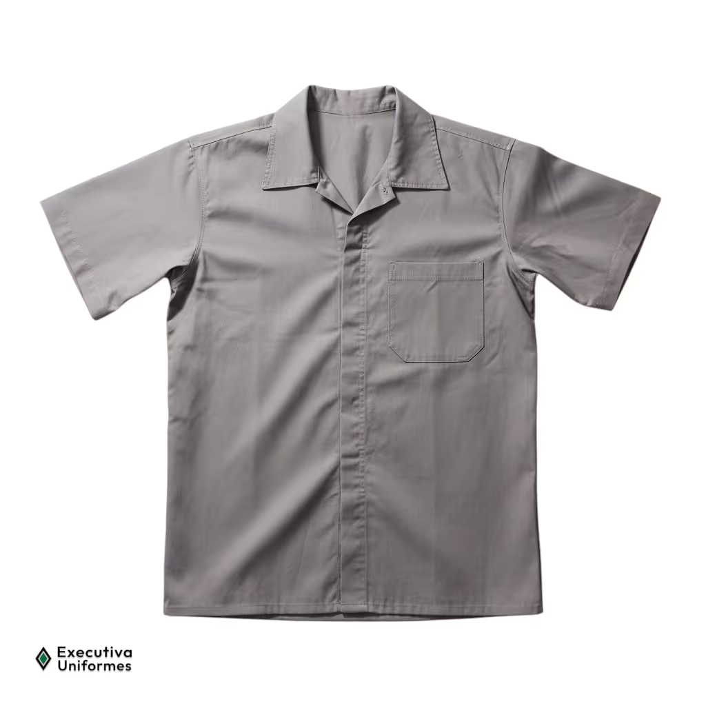 Camisa de trabalho de manga curta na cor cinza médio. Confeccionada em tecido estruturado, possui gola estilo esporte, vista frontal com fechamento oculto e um bolso liso e chapado localizado no lado esquerdo do peito.