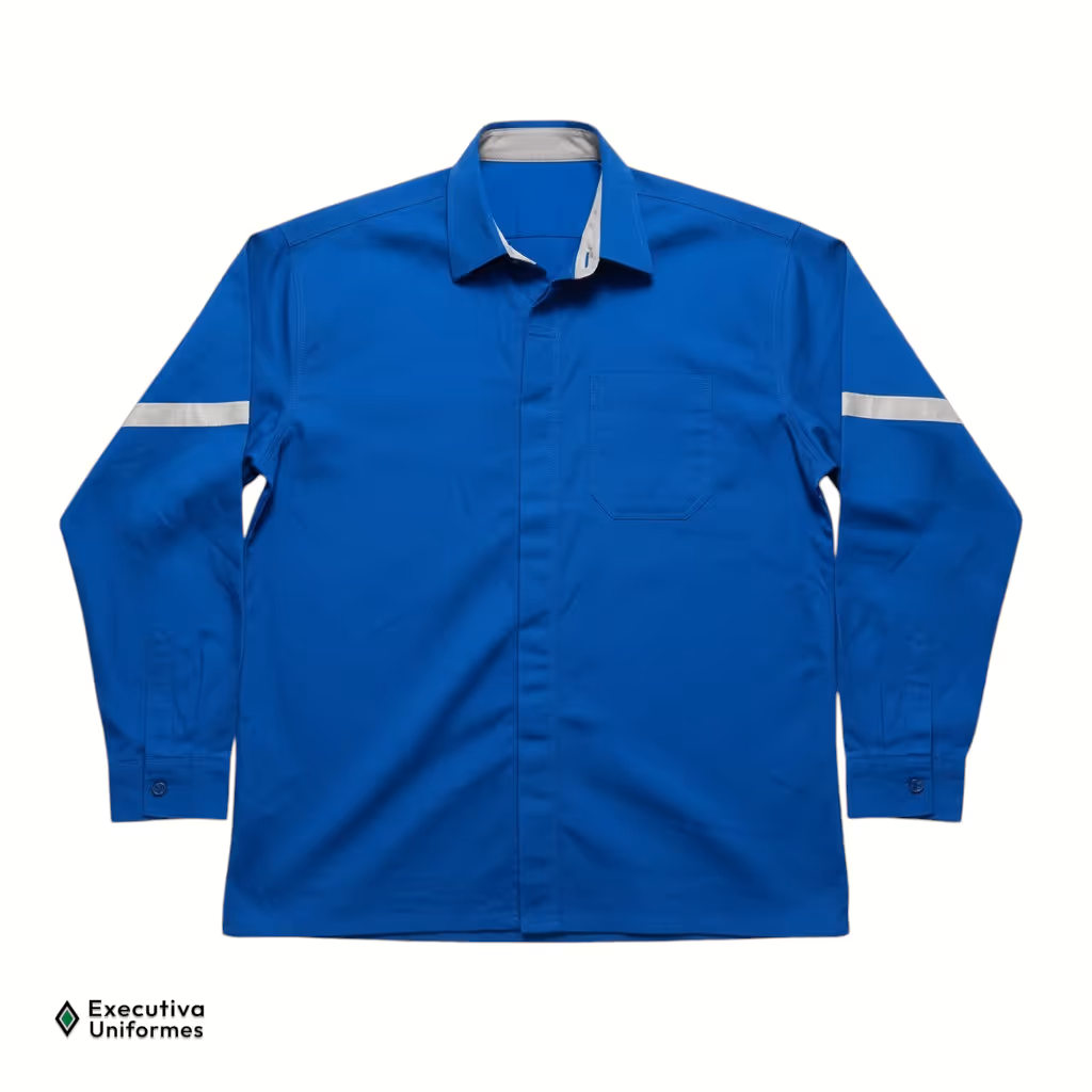 Camisa de trabalho de manga longa na cor azul royal. A peça apresenta gola esporte com forro interno em tom cinza claro, vista frontal com fechamento oculto, um bolso liso no peito esquerdo e faixas refletivas prateadas localizadas na altura do bíceps em ambas as mangas. Os punhos possuem fechamento por botão.